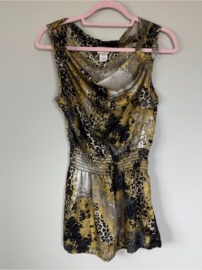 Daytrip Animal Print Cowl Neck Top Size Small Gold Black Y2K Stretch Sleeveless
